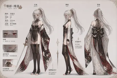 生成一张奇幻中世纪rpg游戏人物设定图，有正面，背面，侧面，三个视角，以下为人物要求：1.画风偏日系画风。2.角色为女性 3.年龄在20岁左右，半精灵，实际体型偏东亚人种，整体纤细，身高不超过165，贫胸。4.角色发色为亮银色，长马尾，瞳孔为异瞳为琥珀色和红宝石色。5.角色腿部需要穿着踩脚袜，内衣为连体黑丝，穿着和服振袖，眼部以下带有面纱，但可看见嘴唇， 6.武器为单手刺剑