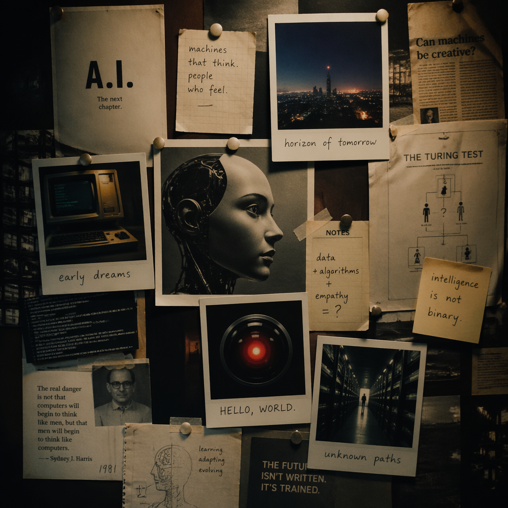 Make a mood board about AI, cinematic style, use nostalgic stuff like Polaroids 
Portrait mode