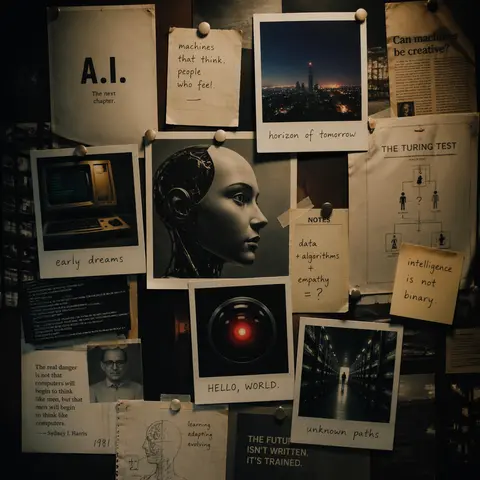 Make a mood board about AI, cinematic style, use nostalgic stuff like Polaroids 
Portrait mode