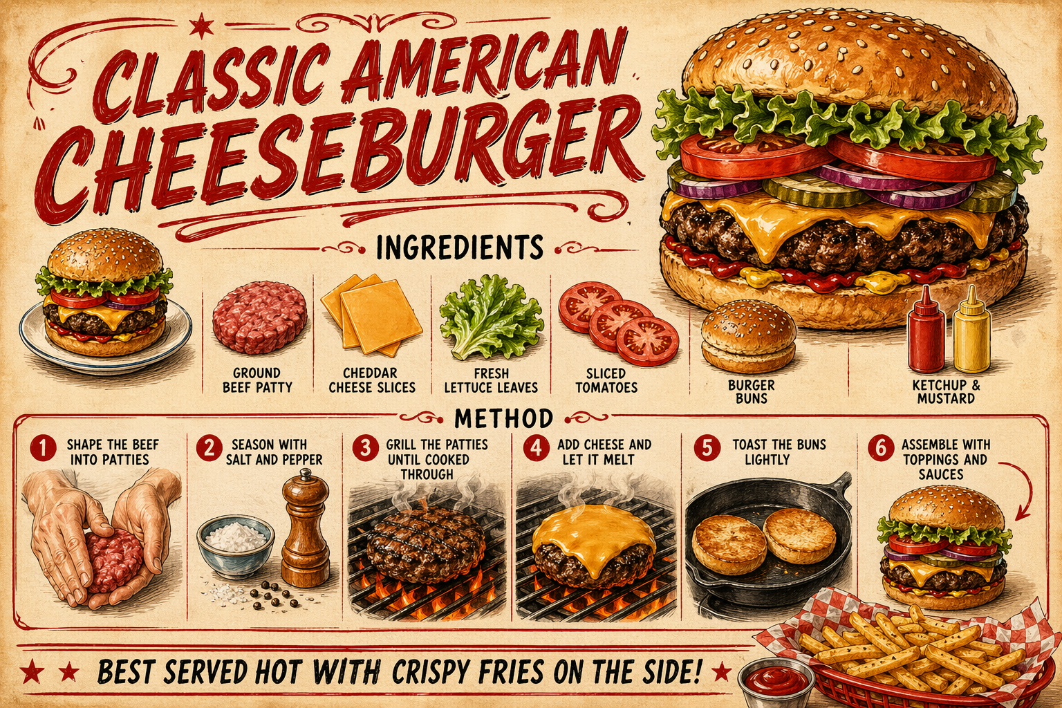 {"type":"vintage illustrated recipe poster","subject":"classic American cheeseburger cooking infographic","style":{"medium":"hand-drawn ink and watercolor food illustration","look":"retro diner cookbook poster, warm parchment background, slightly textured paper, sketchy outlines, rich appetizing shading","typography":"large red hand-lettered title and black uppercase handwritten captions"},"text":{"title":"{argument name=\"headline text\" default=\"CLASSIC AMERICAN CHEESEBURGER\"}","ingredientsHeader":"INGREDIENTS","methodHeader":"METHOD","footer":"{argument name=\"footer text\" default=\"BEST SERVED HOT WITH CRISPY FRIES ON THE SIDE!\"}"},"hero":{"count":1,"description":"large fully assembled cheeseburger at top right with sesame seed bun, ruffled green lettuce, thick tomato slices, red onion rings, pickle slices, melted cheddar over a char-grilled beef patty, ketchup and mustard visible at the bottom"},"layout":{"sections":[{"title":"INGREDIENTS","position":"upper middle","count":6,"items":["GROUND BEEF PATTY","CHEDDAR CHEESE SLICES","FRESH LETTUCE LEAVES","SLICED TOMATOES","BURGER BUNS","KETCHUP & MUSTARD"]},{"title":"METHOD","position":"center to lower middle","count":6,"items":["1 SHAPE THE BEEF INTO PATTIES","2 SEASON WITH SALT AND PEPPER","3 GRILL THE PATTIES UNTIL COOKED THROUGH","4 ADD CHEESE AND LET IT MELT","5 TOAST THE BUNS LIGHTLY","6 ASSEMBLE WITH TOPPINGS AND SAUCES"]}],"extraElementsCount":2,"extraElements":["small plated burger illustration near the ingredients row","basket of crispy fries with a small cup of ketchup at bottom right"]},"ingredients":{"count":6,"items":[{"name":"GROUND BEEF PATTY","appearance":"single raw round beef patty"},{"name":"CHEDDAR CHEESE SLICES","appearance":"3 overlapping orange cheese squares"},{"name":"FRESH LETTUCE LEAVES","appearance":"small cluster of green leaf lettuce"},{"name":"SLICED TOMATOES","appearance":"3 red tomato slices"},{"name":"BURGER BUNS","appearance":"1 sesame bun shown as top and bottom together like a mini burger stack"},{"name":"KETCHUP & MUSTARD","appearance":"2 squeeze bottles, one red and one yellow"}]},"method":{"count":6,"steps":[{"step":1,"scene":"two hands shaping a raw beef patty"},{"step":2,"scene":"small bowl of salt beside a wooden pepper mill"},{"step":3,"scene":"single burger patty grilling over open flame on a grill grate"},{"step":4,"scene":"grilled patty topped with melted cheddar on the grill"},{"step":5,"scene":"2 bun halves toasting cut-side down in a pan"},{"step":6,"scene":"assembled cheeseburger with a curved arrow suggesting stacking"}]},"palette":{"count":5,"colors":["warm beige parchment","deep ketchup red","golden cheddar orange","lettuce green","toasted brown"]},"composition":"portrait poster, balanced infographic layout with decorative red flourishes around the title and headers, clean spacing, appetizing and nostalgic","quality":"high detail, crisp legible lettering, polished editorial food illustration"}