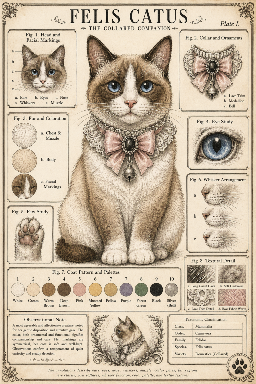 {"type":"vintage natural history style cat character sheet","subject":{"species":"domestic cat","scientific title":"FELIS CATUS","subtitle":"THE COLLARED COMPANION","plate":"Plate I.","pose":"front-facing seated portrait, centered, dignified posture, head slightly raised","expression":"calm, observant, gentle","fur":{"base color":"warm cream and white","markings":"symmetrical rich brown facial mask and ears, white blaze down the nose, white chest and muzzle","texture":"fine pen-and-ink crosshatching with delicate watercolor tinting"},"eyes":{"color":"clear blue","shape":"large, glossy, expressive"},"nose":{"color":"soft pink"},"accessory":{"type":"ornate collar","details":"ruffled lace-trimmed collar with a large pale pink bow, dark oval medallion at the center, and a small silver bell hanging below"}},"style":{"overall":"Victorian zoological plate mixed with whimsical pet portraiture","rendering":"highly detailed ink drawing, engraved illustration look, muted antique paper background, subtle watercolor washes","palette":"cream, brown, white, dusty pink, silver, muted neutrals","composition":"clean symmetrical infographic layout with one large central portrait and 7 smaller study panels around it","border":"thin decorative antique frame with ornamental corner flourishes","text treatment":"serif typography, black labels, figure captions, scientific plate formatting"},"layout":{"sections":[{"title":"Fig. 1. Head and Facial Markings","position":"upper left","count":1,"labels":["a","b","c","s","e"]},{"title":"Fig. 2. Collar and Ornaments","position":"upper right","count":1,"labels":["a","b","c"]},{"title":"Fig. 3. Fur and Coloration","position":"left middle","count":3,"labels":["a. Chest & Muzzle","b. Body","c. Facial Markings"]},{"title":"Fig. 4. Eye Study","position":"right upper-middle","count":1,"labels":[]},{"title":"Fig. 5. Paw Study","position":"left lower-middle","count":1,"labels":[]},{"title":"Fig. 6. Whisker Arrangement","position":"right lower-middle","count":3,"labels":["a","b","c"]},{"title":"Fig. 7. Coat Pattern and Palettes","position":"bottom center","count":10,"labels":["White","Cream","Warm Brown","Deep Brown","Pink","Mustard Yellow","Purple","Forest Green","Black","Silver (Bell)"]},{"title":"Fig. 8. Textural Detail","position":"bottom right","count":4,"labels":["Long Guard Hairs","Soft Undercoat","Lace Trim Detail","Bow Fabric Weave"]}],"centerpiece":"large full bust portrait of the cat wearing the bow collar","additional elements":{"bottom left box":"observational note paragraph","bottom right box":"taxonomy table with 5 rows","bottom right corner":"single paw print emblem"}},"text":{"top title":"FELIS CATUS","top subtitle":"THE COLLARED COMPANION","plate":"Plate I.","taxonomy rows":["Class. Mammalia","Order. Carnivora","Family. Felidae","Species. Felis catus","Variety. Domestica (Collared)"],"captions summary":"The annotations describe ears, eyes, nose, whiskers, muzzle, collar parts, fur regions, eye clarity, paw softness, whisker function, color palette, and textile textures."}}