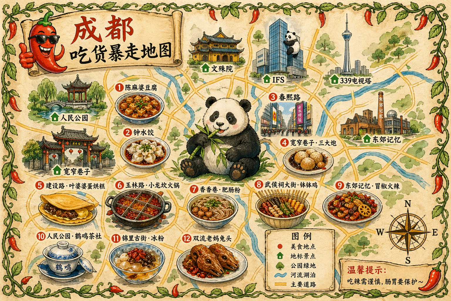 {
  "type": "illustrated map infographic",
  "style": "{argument name=\"art style\" default=\"watercolor and ink hand-drawn illustration on vintage parchment\"}",
  "title_section": {
    "text": "{argument name=\"city name\" default=\"成都\"} {argument name=\"map title\" default=\"吃货暴走地图\"}",
    "mascot": "cartoon red chili pepper wearing sunglasses and giving a thumbs up"
  },
  "border": "{argument name=\"border decoration\" default=\"vine of green leaves and red chili peppers\"}",
  "layout": {
    "background": "textured beige parchment paper with yellow roads, blue rivers, and green park areas",
    "sections": [
      {
        "title": "landmarks",
        "count": 6,
        "illustrations": ["traditional pavilion", "traditional monastery", "modern skyscraper with climbing panda", "tall TV tower", "traditional gate", "industrial buildings"],
        "labels": ["人民公园", "文殊院", "IFS", "339电视塔", "宽窄巷子", "东郊记忆"]
      },
      {
        "title": "food_spots",
        "count": 12,
        "illustrations": ["mapo tofu", "dumplings in chili oil", "skewers in pot", "sticky rice balls", "egg baking cake", "nine-grid hotpot", "sweet potato noodles", "cold skewers", "spicy mixed dish", "covered tea bowl", "ice jelly dessert", "spicy rabbit heads"],
        "labels": ["1 陈麻婆豆腐", "2 钟水饺", "3 春熙路", "4 宽窄巷子·三大炮", "5 建设路·叶婆婆蛋烘糕", "6 玉林路·小龙坎火锅", "7 香香巷·肥肠粉", "8 武侯祠大街·钵钵鸡", "9 东郊记忆·冒椒火辣", "10 人民公园·鹤鸣茶社", "11 锦里古街·冰粉", "12 双流老妈兔头"]
      },
      {
        "title": "图例",
        "position": "bottom-right",
        "count": 5,
        "items": ["red dot", "green house", "green tree", "blue line", "yellow double line"],
        "labels": ["美食地点", "地标景点", "公园绿地", "河流湖泊", "主要道路"]
      }
    ],
    "centerpiece": "giant panda sitting and eating bamboo",
    "bottom_right_extras": ["vintage compass rose with N, S, E, W", "disclaimer text '温馨提示：吃辣需谨慎，肠胃要保护~' with a red chili pepper icon"]
  }
}