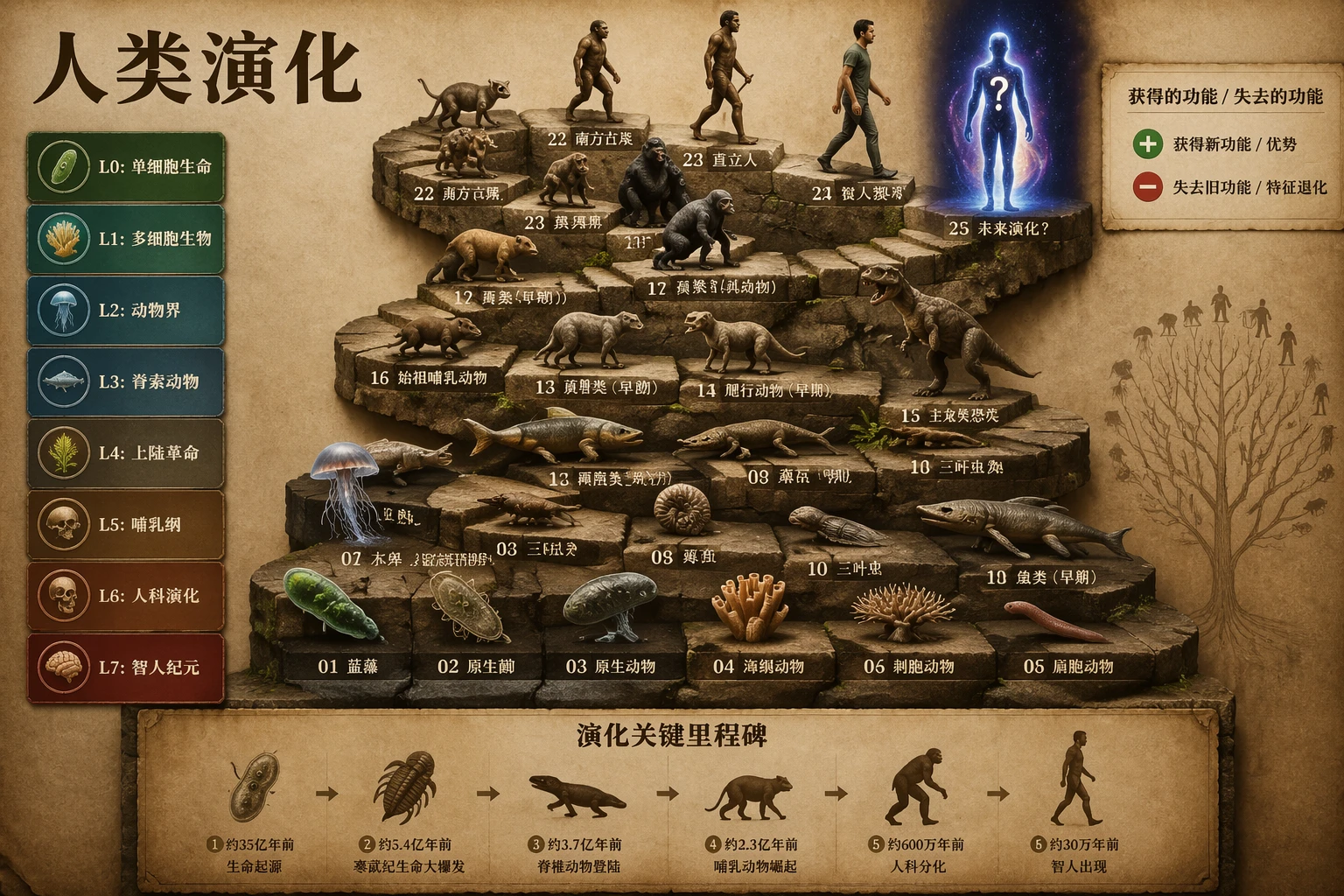 {
  "type": "evolutionary timeline infographic",
  "instruction": "Using REFERENCE_0 as a structural base, transform the flat vector design into a highly realistic 3D infographic. Replace the smooth ramps with distinct stone steps and upgrade all organisms to photorealistic 3D models.",
  "style": {
    "background": "{argument name=\"background style\" default=\"vintage textured parchment paper\"}",
    "staircase": "{argument name=\"staircase material\" default=\"realistic textured stone blocks\"}",
    "subjects": "{argument name=\"organism style\" default=\"highly detailed photorealistic 3D renders\"}"
  },
  "layout": {
    "main_title": "{argument name=\"main title\" default=\"人类演化\"}",
    "sections": [
      {
        "position": "left sidebar",
        "count": 8,
        "labels": ["L0: 单细胞生命", "L1: 多细胞生物", "L2: 动物界", "L3: 脊索动物", "L4: 上陆革命", "L5: 哺乳纲", "L6: 人科演化", "L7: 智人纪元"]
      },
      {
        "position": "top right",
        "title": "获得的功能 / 失去的功能",
        "description": "Legend with plus and minus icons"
      },
      {
        "position": "bottom center",
        "title": "演化关键里程碑",
        "count": 6,
        "description": "Timeline with a silhouette graphic of 6 figures showing ape-to-human evolution"
      }
    ],
    "centerpiece": {
      "description": "Winding stone staircase with 25 numbered steps featuring specific organisms.",
      "count": 25,
      "notable_elements": [
        "Step 07: Jellyfish",
        "Step 09: Ammonite",
        "Step 10: Trilobite",
        "Step 24: Walking human",
        "Step 25: {argument name=\"future evolution concept\" default=\"glowing cosmic silhouette with a question mark\"}"
      ]
    }
  }
}