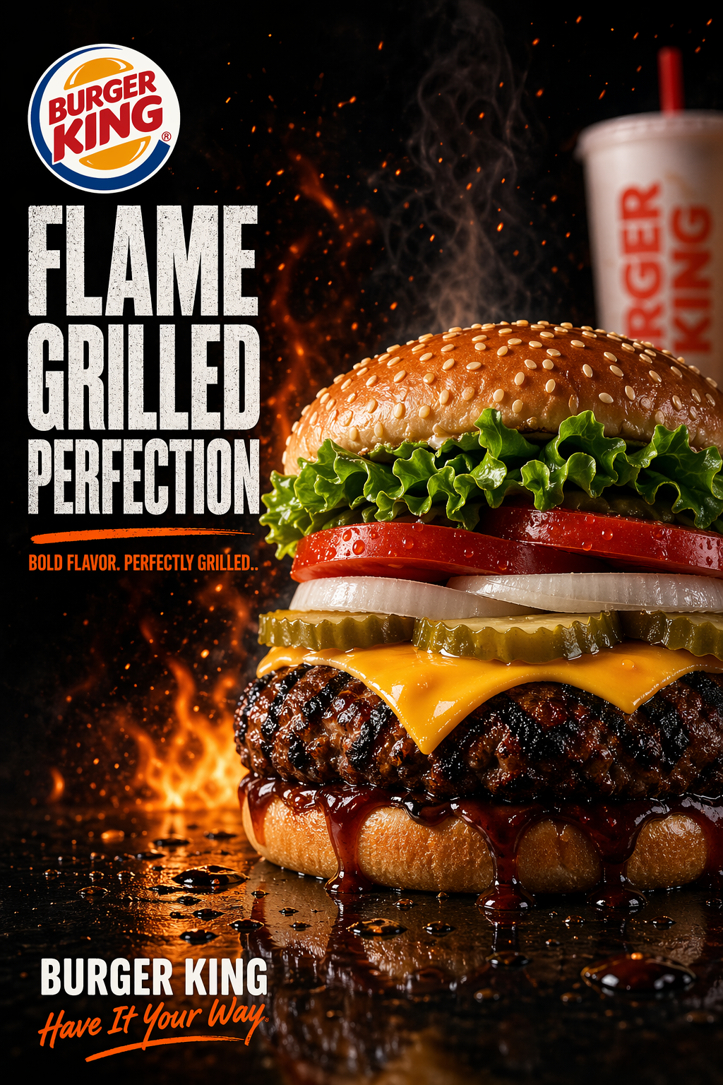 Create a dramatic fast-food advertising poster in a cinematic studio style for BURGER KING. Use a wide landscape composition with the hero burger dominating the right half of the frame and bold promotional typography stacked on the left. The background should be nearly black with fiery orange flames, glowing embers, smoke, and flying grease droplets to emphasize heat and flame-grilling. The burger should be an extreme close-up, shot at table level on a glossy dark reflective surface with sauce drips and scattered droplets. Show exactly 8 visible burger components from top to bottom: 1 sesame seed top bun, 1 layer of curly green leaf lettuce, 2 thick red tomato slices, 2 white onion rings, 3 pickle slices, 1 slice of melted yellow American cheese, 1 thick charred flame-grilled beef patty, and 1 glossy bottom bun with barbecue sauce dripping over the edge. Make the patty heavily textured with blackened grill-char detail and juicy highlights. Add sparks and steam rising around the burger. On the left side, place a circular fast-food logo near the upper-left corner, then huge distressed bold white block text in three stacked lines reading FLAME GRILLED PERFECTION. Beneath it, add a short tagline in smaller uppercase text with an orange accent slash or underline, reading BOLD FLAVOR. PERFECTLY GRILLED.. In the bottom-left corner, add the brand name again in white plus a handwritten script slogan in orange reading Have It Your Way. In the blurred background on the far right, include exactly 2 secondary food elements: 1 branded soda cup and 1 portion of fries, both out of focus. High contrast, rich warm tones, glossy food photography, ultra-detailed textures, realistic commercial lighting, shallow depth of field, premium restaurant poster aesthetic, print-ready ad composition.