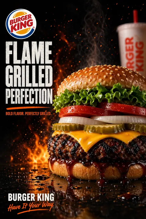 Create a dramatic fast-food advertising poster in a cinematic studio style for BURGER KING. Use a wide landscape composition with the hero burger dominating the right half of the frame and bold promotional typography stacked on the left. The background should be nearly black with fiery orange flames, glowing embers, smoke, and flying grease droplets to emphasize heat and flame-grilling. The burger should be an extreme close-up, shot at table level on a glossy dark reflective surface with sauce drips and scattered droplets. Show exactly 8 visible burger components from top to bottom: 1 sesame seed top bun, 1 layer of curly green leaf lettuce, 2 thick red tomato slices, 2 white onion rings, 3 pickle slices, 1 slice of melted yellow American cheese, 1 thick charred flame-grilled beef patty, and 1 glossy bottom bun with barbecue sauce dripping over the edge. Make the patty heavily textured with blackened grill-char detail and juicy highlights. Add sparks and steam rising around the burger. On the left side, place a circular fast-food logo near the upper-left corner, then huge distressed bold white block text in three stacked lines reading FLAME GRILLED PERFECTION. Beneath it, add a short tagline in smaller uppercase text with an orange accent slash or underline, reading BOLD FLAVOR. PERFECTLY GRILLED.. In the bottom-left corner, add the brand name again in white plus a handwritten script slogan in orange reading Have It Your Way. In the blurred background on the far right, include exactly 2 secondary food elements: 1 branded soda cup and 1 portion of fries, both out of focus. High contrast, rich warm tones, glossy food photography, ultra-detailed textures, realistic commercial lighting, shallow depth of field, premium restaurant poster aesthetic, print-ready ad composition.