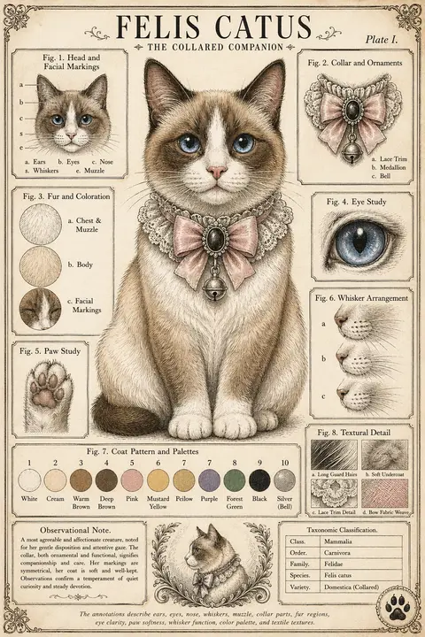 {"type":"vintage natural history style cat character sheet","subject":{"species":"domestic cat","scientific title":"FELIS CATUS","subtitle":"THE COLLARED COMPANION","plate":"Plate I.","pose":"front-facing seated portrait, centered, dignified posture, head slightly raised","expression":"calm, observant, gentle","fur":{"base color":"warm cream and white","markings":"symmetrical rich brown facial mask and ears, white blaze down the nose, white chest and muzzle","texture":"fine pen-and-ink crosshatching with delicate watercolor tinting"},"eyes":{"color":"clear blue","shape":"large, glossy, expressive"},"nose":{"color":"soft pink"},"accessory":{"type":"ornate collar","details":"ruffled lace-trimmed collar with a large pale pink bow, dark oval medallion at the center, and a small silver bell hanging below"}},"style":{"overall":"Victorian zoological plate mixed with whimsical pet portraiture","rendering":"highly detailed ink drawing, engraved illustration look, muted antique paper background, subtle watercolor washes","palette":"cream, brown, white, dusty pink, silver, muted neutrals","composition":"clean symmetrical infographic layout with one large central portrait and 7 smaller study panels around it","border":"thin decorative antique frame with ornamental corner flourishes","text treatment":"serif typography, black labels, figure captions, scientific plate formatting"},"layout":{"sections":[{"title":"Fig. 1. Head and Facial Markings","position":"upper left","count":1,"labels":["a","b","c","s","e"]},{"title":"Fig. 2. Collar and Ornaments","position":"upper right","count":1,"labels":["a","b","c"]},{"title":"Fig. 3. Fur and Coloration","position":"left middle","count":3,"labels":["a. Chest & Muzzle","b. Body","c. Facial Markings"]},{"title":"Fig. 4. Eye Study","position":"right upper-middle","count":1,"labels":[]},{"title":"Fig. 5. Paw Study","position":"left lower-middle","count":1,"labels":[]},{"title":"Fig. 6. Whisker Arrangement","position":"right lower-middle","count":3,"labels":["a","b","c"]},{"title":"Fig. 7. Coat Pattern and Palettes","position":"bottom center","count":10,"labels":["White","Cream","Warm Brown","Deep Brown","Pink","Mustard Yellow","Purple","Forest Green","Black","Silver (Bell)"]},{"title":"Fig. 8. Textural Detail","position":"bottom right","count":4,"labels":["Long Guard Hairs","Soft Undercoat","Lace Trim Detail","Bow Fabric Weave"]}],"centerpiece":"large full bust portrait of the cat wearing the bow collar","additional elements":{"bottom left box":"observational note paragraph","bottom right box":"taxonomy table with 5 rows","bottom right corner":"single paw print emblem"}},"text":{"top title":"FELIS CATUS","top subtitle":"THE COLLARED COMPANION","plate":"Plate I.","taxonomy rows":["Class. Mammalia","Order. Carnivora","Family. Felidae","Species. Felis catus","Variety. Domestica (Collared)"],"captions summary":"The annotations describe ears, eyes, nose, whiskers, muzzle, collar parts, fur regions, eye clarity, paw softness, whisker function, color palette, and textile textures."}}
