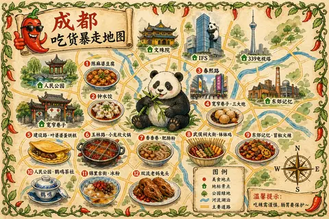 {
  "type": "illustrated map infographic",
  "style": "{argument name=\"art style\" default=\"watercolor and ink hand-drawn illustration on vintage parchment\"}",
  "title_section": {
    "text": "{argument name=\"city name\" default=\"成都\"} {argument name=\"map title\" default=\"吃货暴走地图\"}",
    "mascot": "cartoon red chili pepper wearing sunglasses and giving a thumbs up"
  },
  "border": "{argument name=\"border decoration\" default=\"vine of green leaves and red chili peppers\"}",
  "layout": {
    "background": "textured beige parchment paper with yellow roads, blue rivers, and green park areas",
    "sections": [
      {
        "title": "landmarks",
        "count": 6,
        "illustrations": ["traditional pavilion", "traditional monastery", "modern skyscraper with climbing panda", "tall TV tower", "traditional gate", "industrial buildings"],
        "labels": ["人民公园", "文殊院", "IFS", "339电视塔", "宽窄巷子", "东郊记忆"]
      },
      {
        "title": "food_spots",
        "count": 12,
        "illustrations": ["mapo tofu", "dumplings in chili oil", "skewers in pot", "sticky rice balls", "egg baking cake", "nine-grid hotpot", "sweet potato noodles", "cold skewers", "spicy mixed dish", "covered tea bowl", "ice jelly dessert", "spicy rabbit heads"],
        "labels": ["1 陈麻婆豆腐", "2 钟水饺", "3 春熙路", "4 宽窄巷子·三大炮", "5 建设路·叶婆婆蛋烘糕", "6 玉林路·小龙坎火锅", "7 香香巷·肥肠粉", "8 武侯祠大街·钵钵鸡", "9 东郊记忆·冒椒火辣", "10 人民公园·鹤鸣茶社", "11 锦里古街·冰粉", "12 双流老妈兔头"]
      },
      {
        "title": "图例",
        "position": "bottom-right",
        "count": 5,
        "items": ["red dot", "green house", "green tree", "blue line", "yellow double line"],
        "labels": ["美食地点", "地标景点", "公园绿地", "河流湖泊", "主要道路"]
      }
    ],
    "centerpiece": "giant panda sitting and eating bamboo",
    "bottom_right_extras": ["vintage compass rose with N, S, E, W", "disclaimer text '温馨提示：吃辣需谨慎，肠胃要保护~' with a red chili pepper icon"]
  }
}