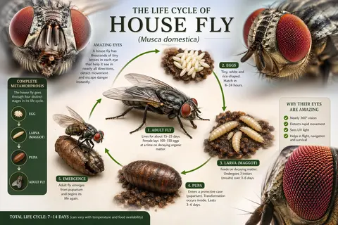 the life cycle of house fly showing amazing eyes