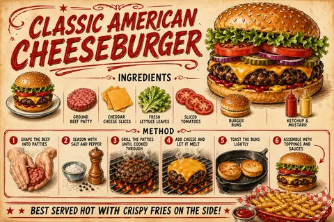 {"type":"vintage illustrated recipe poster","subject":"classic American cheeseburger cooking infographic","style":{"medium":"hand-drawn ink and watercolor food illustration","look":"retro diner cookbook poster, warm parchment background, slightly textured paper, sketchy outlines, rich appetizing shading","typography":"large red hand-lettered title and black uppercase handwritten captions"},"text":{"title":"{argument name=\"headline text\" default=\"CLASSIC AMERICAN CHEESEBURGER\"}","ingredientsHeader":"INGREDIENTS","methodHeader":"METHOD","footer":"{argument name=\"footer text\" default=\"BEST SERVED HOT WITH CRISPY FRIES ON THE SIDE!\"}"},"hero":{"count":1,"description":"large fully assembled cheeseburger at top right with sesame seed bun, ruffled green lettuce, thick tomato slices, red onion rings, pickle slices, melted cheddar over a char-grilled beef patty, ketchup and mustard visible at the bottom"},"layout":{"sections":[{"title":"INGREDIENTS","position":"upper middle","count":6,"items":["GROUND BEEF PATTY","CHEDDAR CHEESE SLICES","FRESH LETTUCE LEAVES","SLICED TOMATOES","BURGER BUNS","KETCHUP & MUSTARD"]},{"title":"METHOD","position":"center to lower middle","count":6,"items":["1 SHAPE THE BEEF INTO PATTIES","2 SEASON WITH SALT AND PEPPER","3 GRILL THE PATTIES UNTIL COOKED THROUGH","4 ADD CHEESE AND LET IT MELT","5 TOAST THE BUNS LIGHTLY","6 ASSEMBLE WITH TOPPINGS AND SAUCES"]}],"extraElementsCount":2,"extraElements":["small plated burger illustration near the ingredients row","basket of crispy fries with a small cup of ketchup at bottom right"]},"ingredients":{"count":6,"items":[{"name":"GROUND BEEF PATTY","appearance":"single raw round beef patty"},{"name":"CHEDDAR CHEESE SLICES","appearance":"3 overlapping orange cheese squares"},{"name":"FRESH LETTUCE LEAVES","appearance":"small cluster of green leaf lettuce"},{"name":"SLICED TOMATOES","appearance":"3 red tomato slices"},{"name":"BURGER BUNS","appearance":"1 sesame bun shown as top and bottom together like a mini burger stack"},{"name":"KETCHUP & MUSTARD","appearance":"2 squeeze bottles, one red and one yellow"}]},"method":{"count":6,"steps":[{"step":1,"scene":"two hands shaping a raw beef patty"},{"step":2,"scene":"small bowl of salt beside a wooden pepper mill"},{"step":3,"scene":"single burger patty grilling over open flame on a grill grate"},{"step":4,"scene":"grilled patty topped with melted cheddar on the grill"},{"step":5,"scene":"2 bun halves toasting cut-side down in a pan"},{"step":6,"scene":"assembled cheeseburger with a curved arrow suggesting stacking"}]},"palette":{"count":5,"colors":["warm beige parchment","deep ketchup red","golden cheddar orange","lettuce green","toasted brown"]},"composition":"portrait poster, balanced infographic layout with decorative red flourishes around the title and headers, clean spacing, appetizing and nostalgic","quality":"high detail, crisp legible lettering, polished editorial food illustration"}