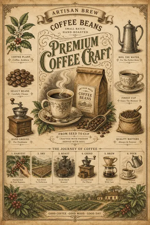 Vintage botanical-style infographic for “Artisan Brew Coffee Beans.” 19th-century lithograph look, aged parchment tones (brown, beige, muted green). Center: steaming coffee cup + labeled bag, elegant title “Premium Coffee Craft.” Surrounding small illustrations: beans, plant, grinder, kettle, cup. Simple process grid: harvest → dry → roast → grind → brew → pour. Scenic coffee farm footer. Fine ink lines, soft watercolor, rustic, artisanal feel.
Style Keywords: Victorian ephemera, botanical illustration, aged parchment, hand-drawn ink, watercolor
Negative Prompt: modern, neon, 3D, photorealistic, clutter, watermark, low detail