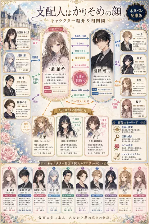 Using REFERENCE_0 as the cast reference, transform the simple lineup into an ornate Japanese light-novel character relationship chart poster. Keep the same 10 named characters and reuse their existing portrait art as the base visuals, but redesign the layout into a polished infographic on a soft cream and pale-blue fantasy background with decorative borders, sparkles, roses, and a small European-style hotel building vignette in the upper left. Add a large Japanese title at the top, 「支配人はかりそめの顔」, with the subtitle 「キャラクター紹介＆相関図」, and place a dark badge in the upper right that says 「ネタバレ配慮版」. Put the heroine 一条 紬希 in the center as the main focus in a framed character card labeled 「主人公」, and place 秦野 啓司 in a large framed card on the right as the key counterpart. Arrange the remaining 8 characters around them in individual profile cards: 加賀坂 その葉, 川原 澪, 樫村, 紬希の母, ハルカ, 杏子, 美果, 桜子. Connect the characters with multiple colored arrows and relationship labels to visualize the network; include exactly 14 visible relationship labels: 「親友」, 「理解者」, 「本音を見抜く」, 「憧れ」, 「相談」, 「画策」, 「仲直り中」, 「直感的理解」, 「メンター」, 「実務支援」, 「保護者的存在」, 「後輩　ムードメーカー」, 「後輩　グループを支える」, 「後輩　明るさ・希望」. Also add the 8 central horizontal relationship callouts between 一条 紬希 and 秦野 啓司: 「偽溶み→公認」, 「ライバル」, 「秘密を共有」, 「対等な相棒」, 「気になる存在」, plus a pink central badge reading 「反発から信頼へ」, and 3 lower callouts: 「信頼」, 「協力を後押し」, 「二人の空気に気づく」. Include a gold-ribbon group label above the three lower girls that says 「ASTRALの仲間たち」. Add a bottom section with exactly 10 smaller summary cards, one for each character again, lined up across the width. On the far right, add 2 boxed sidebar sections titled 「作品のキーワード」 and 「関係の見どころ」; the first should contain 4 bullet items with icons, and the second should contain 4 bullet items with icons. Fill every card with dense Japanese profile text and role tags in a clean editorial style, as if for a promotional relationship guide included with a novel. Make the overall design elegant, readable, romantic-mystery themed, and magazine-quality.